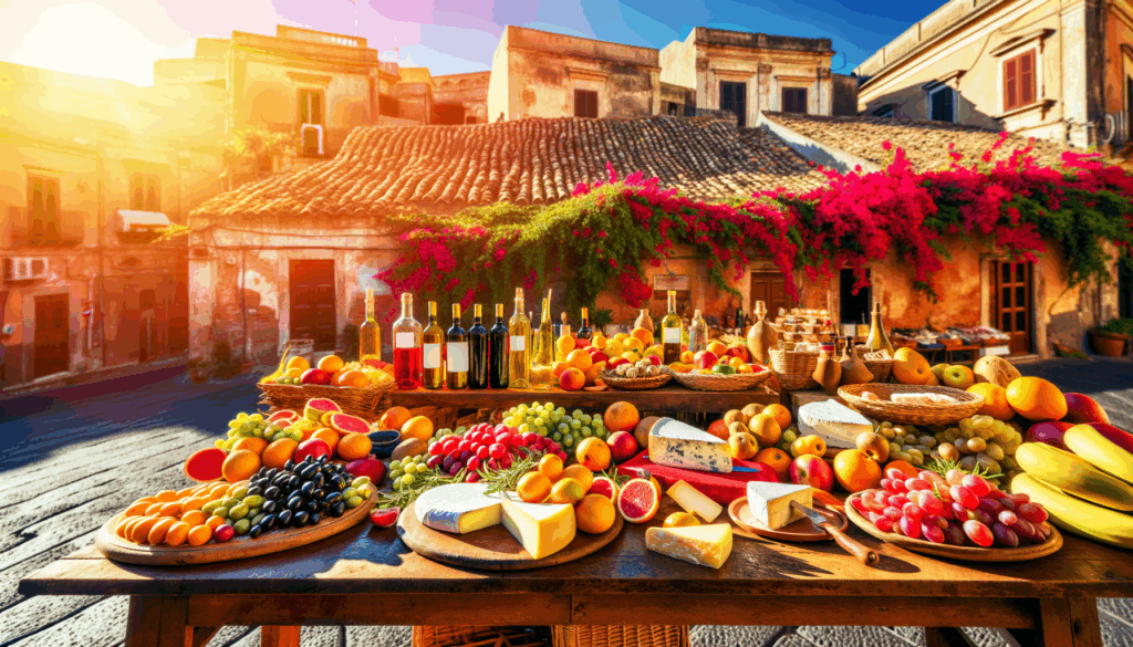 Tavola imbandita con prodotti tipici siciliani tra frutta fresca, formaggi e bottiglie di vino in un mercato all'aperto durante un viaggio enogastronomico in Sicilia