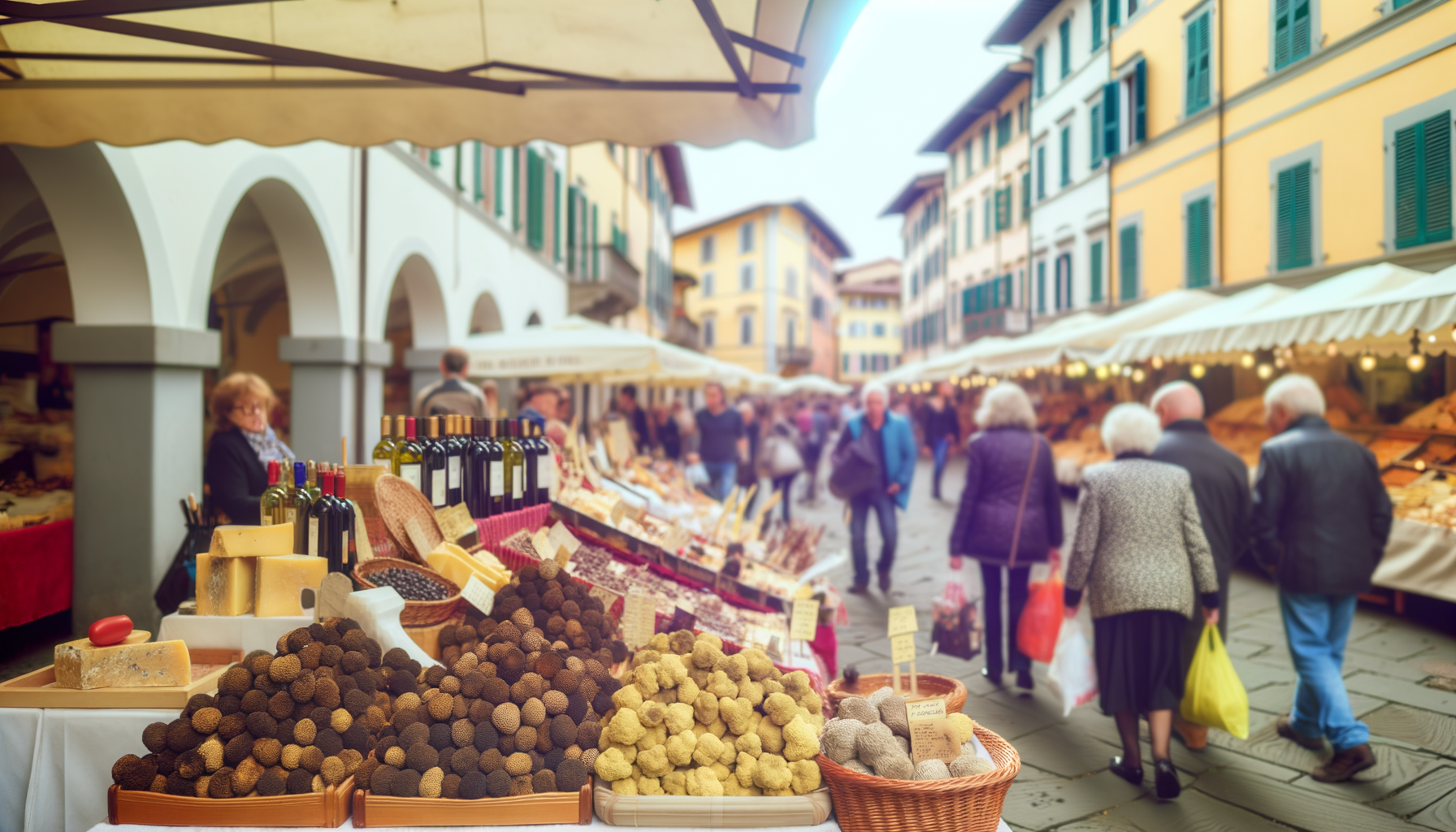Mercato all'aperto nelle Langhe con esposizione di tartufi bianchi e prodotti tipici autunnali