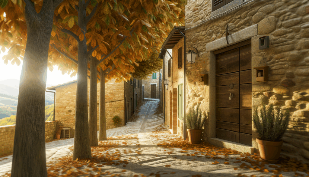 Vicoli di un borgo toscano in autunno con foglie arancioni e case in pietra illuminate dal sole