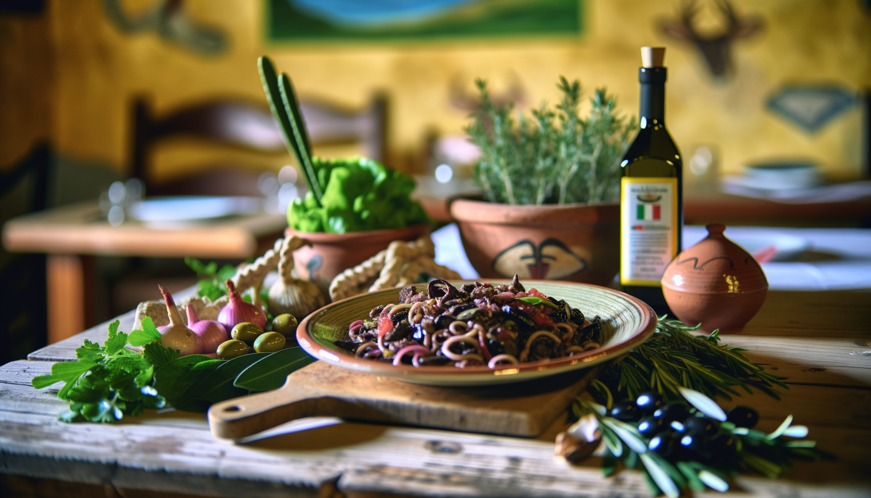 Piatto tradizionale molisano con pasta e ingredienti freschi come olive, erbe aromatiche e olio d'oliva in ambiente rustico