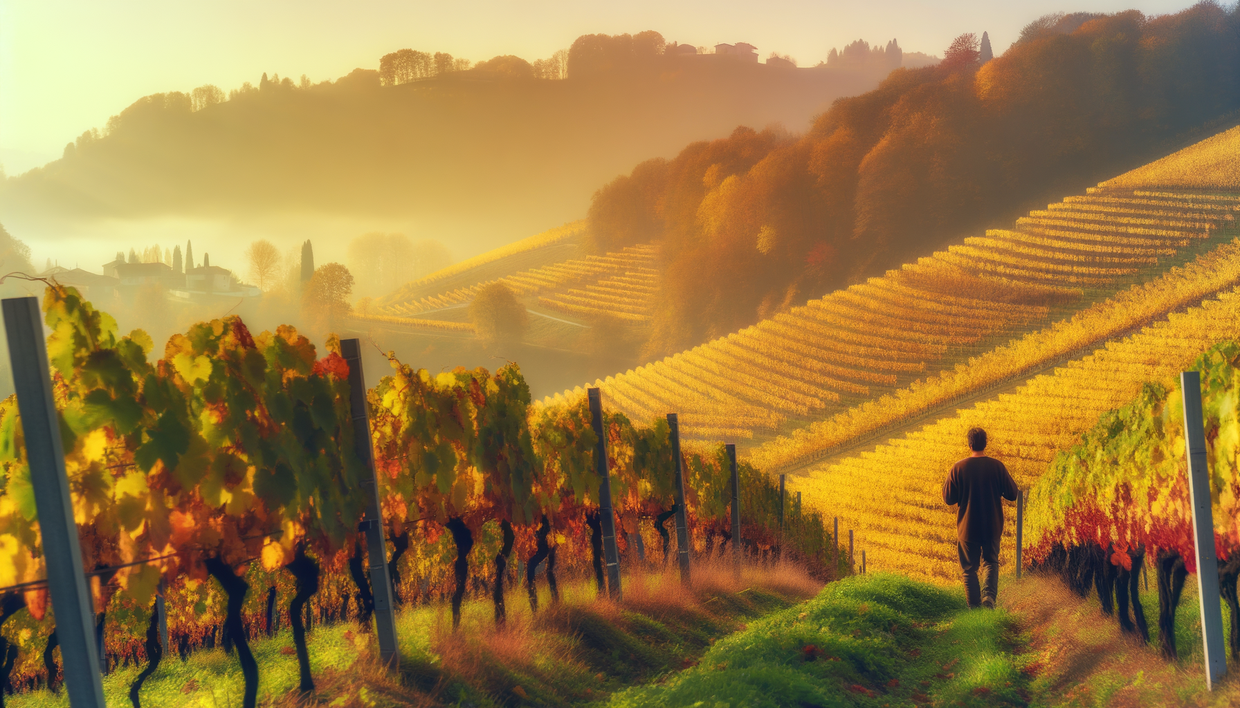 Paesaggio autunnale con vigneti dorati e uomo che cammina tra i filari nelle colline di Alba al tramonto