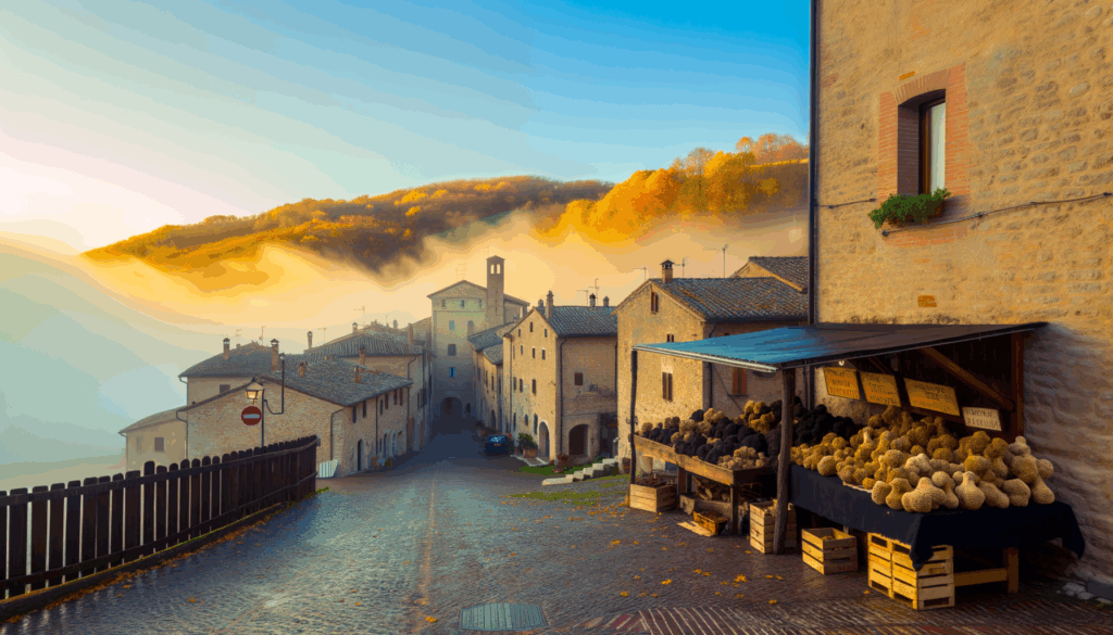 Bancarella di tartufi in un borgo medievale italiano avvolto dalla nebbia mattutina e dal sole autunnale