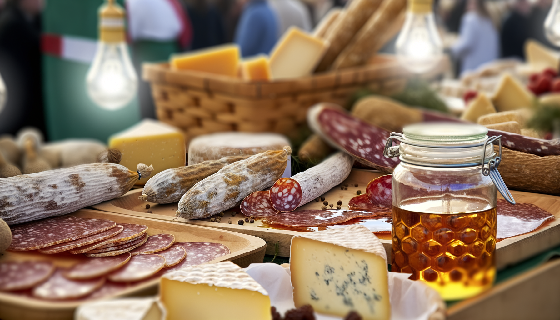 Selezione di salumi, formaggi e un barattolo di miele su un tavolo durante una sagra autunnale italiana
