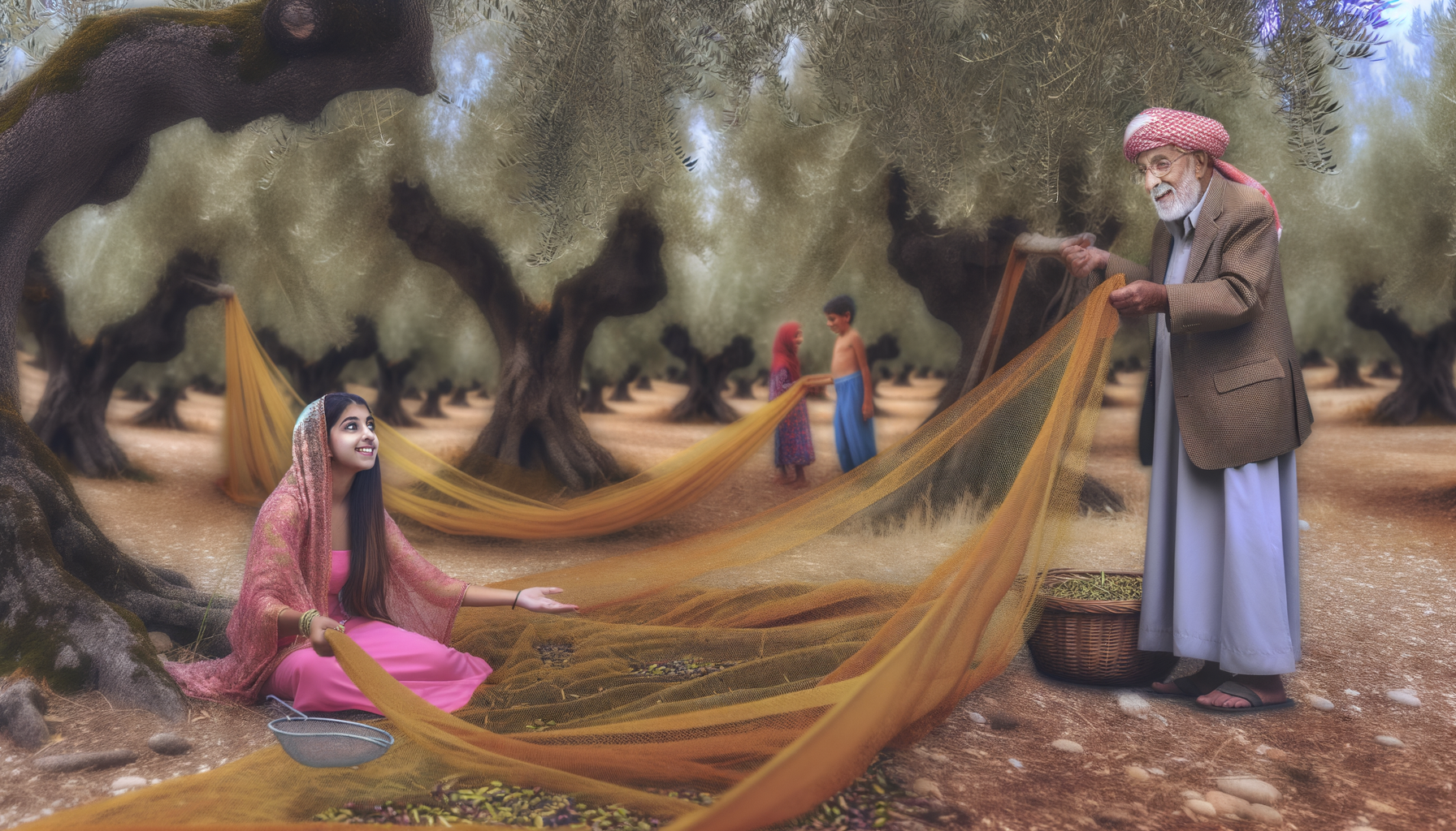 Persone che raccolgono olive in un uliveto con reti arancioni durante l'autunno in Toscana