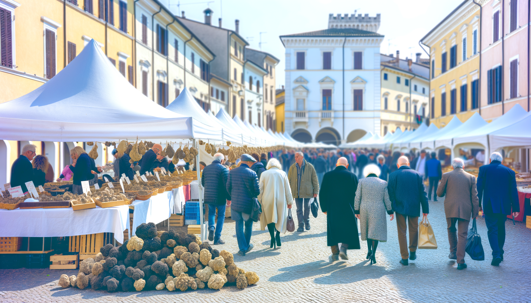 Mercato all'aperto nelle Langhe con banchi di tartufi bianchi e neri e persone che passeggiano tra le bancarelle