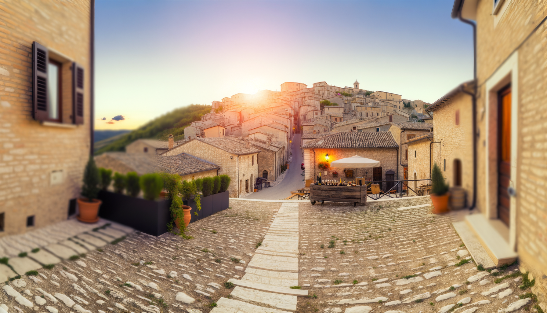 panorama al tramonto di un antico borgo molisano con case in pietra e strada acciottolata, ideale per itinerari enogastronomici Molise