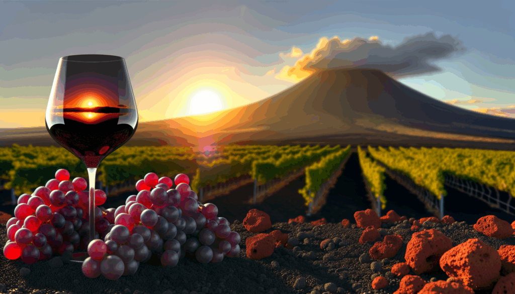 Calice di vino rosso con riflesso del tramonto davanti a un vigneto sull'Etna con terreno vulcanico e grappoli d'uva rossa