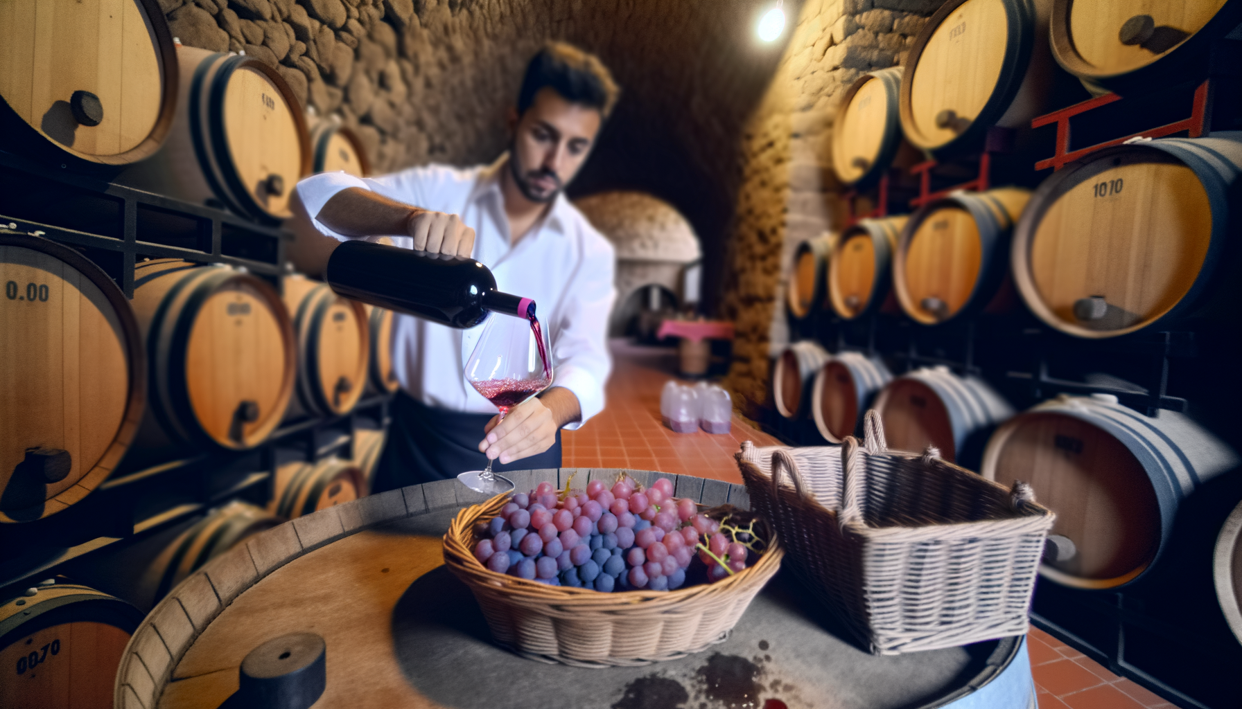 uomo che versa vino rosso in un bicchiere in cantina con botti di legno sullo sfondo