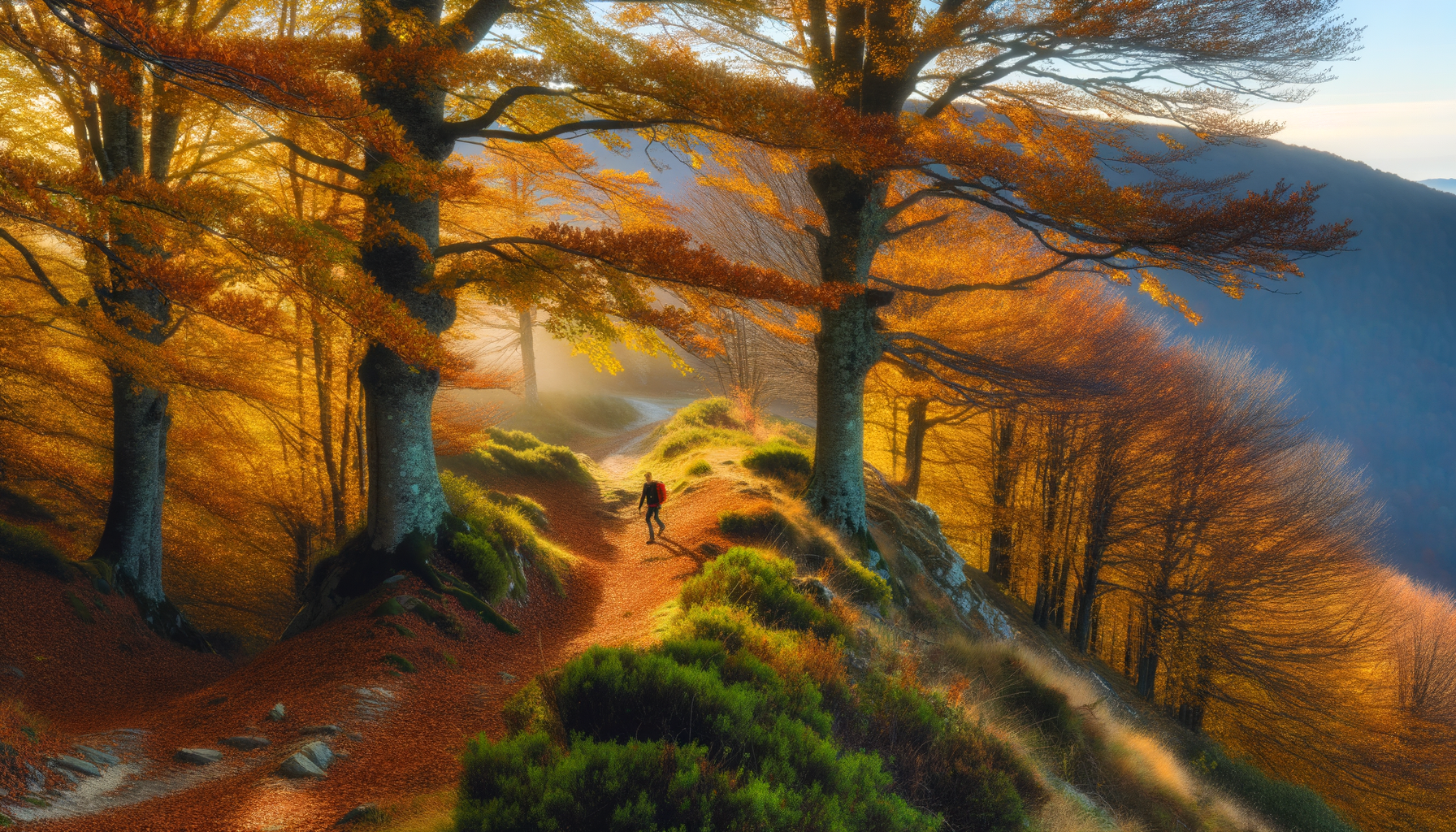 Sentiero autunnale tra castagneti dell'Appennino con foglie arancioni e un escursionista che cammina