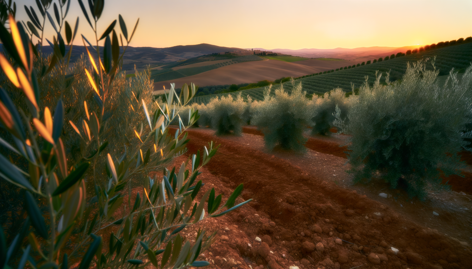 Ulivi illuminati dal sole al tramonto su una collina umbra con paesaggio rurale e campi coltivati