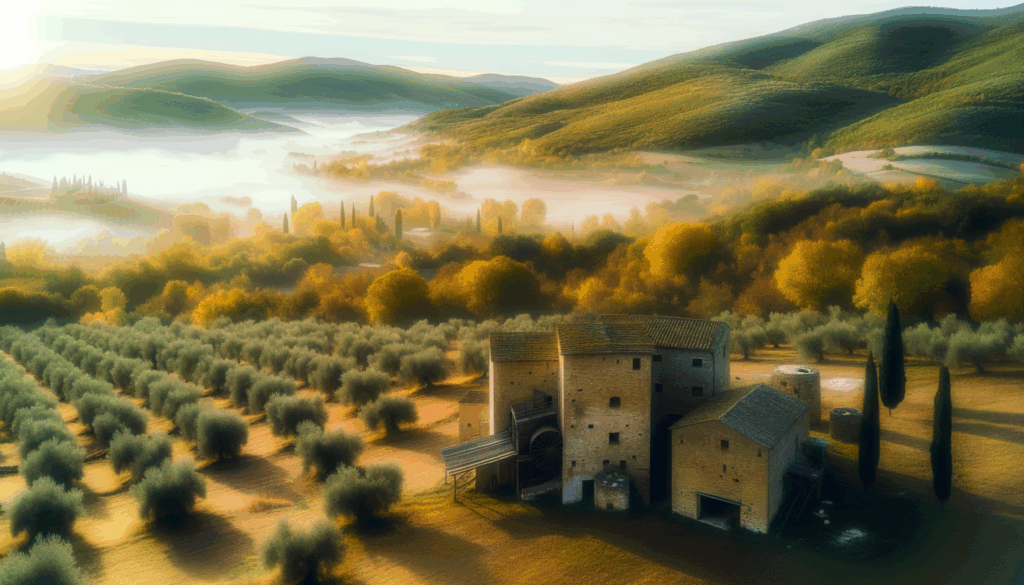Panorama mattutino di un frantoio antico immerso in uliveti e colline verdi con nebbia leggera in Umbria