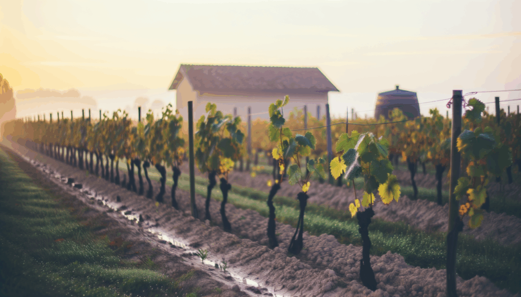 Filari di viti in un vigneto italiano al tramonto con luce soffusa e una casa sullo sfondo