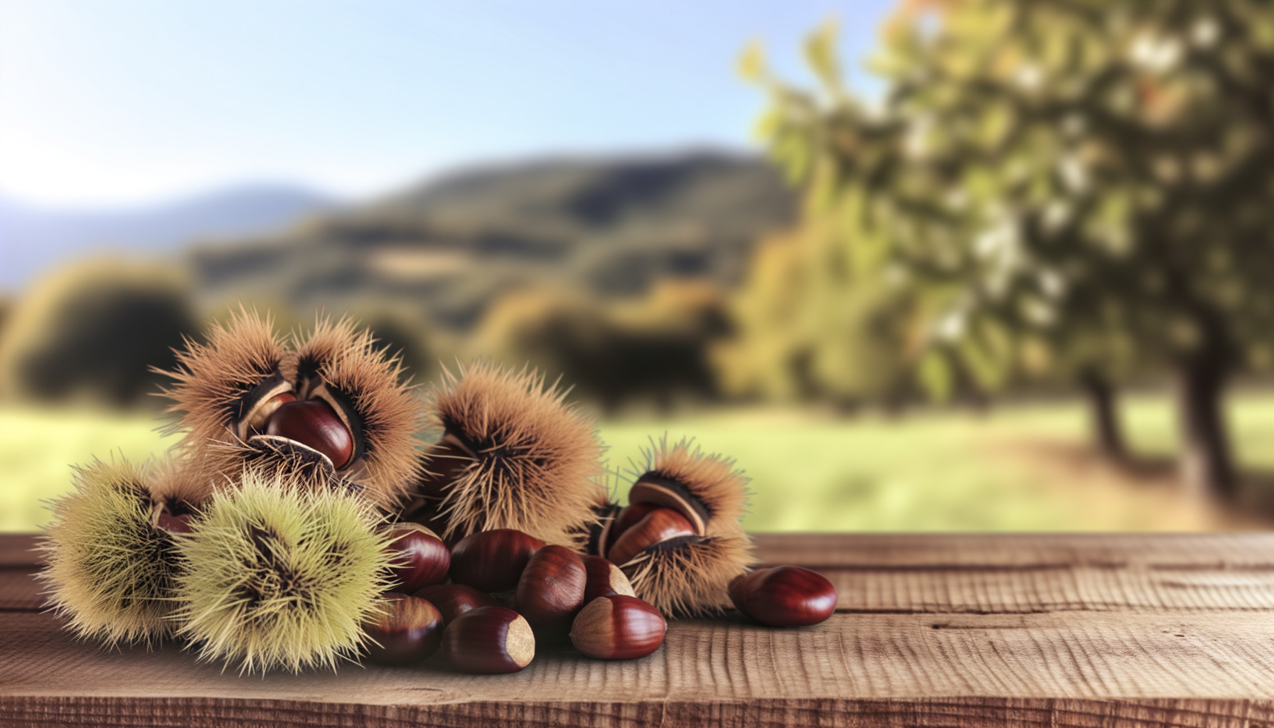 Marroni freschi con guscio spinoso su tavolo di legno con sfondo di bosco autunnale italiano