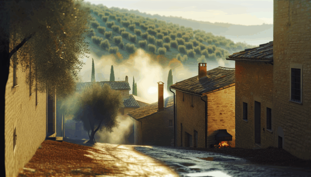 Paesaggio umbro con case in pietra, olivi sulle colline e fumo che si alza al mattino