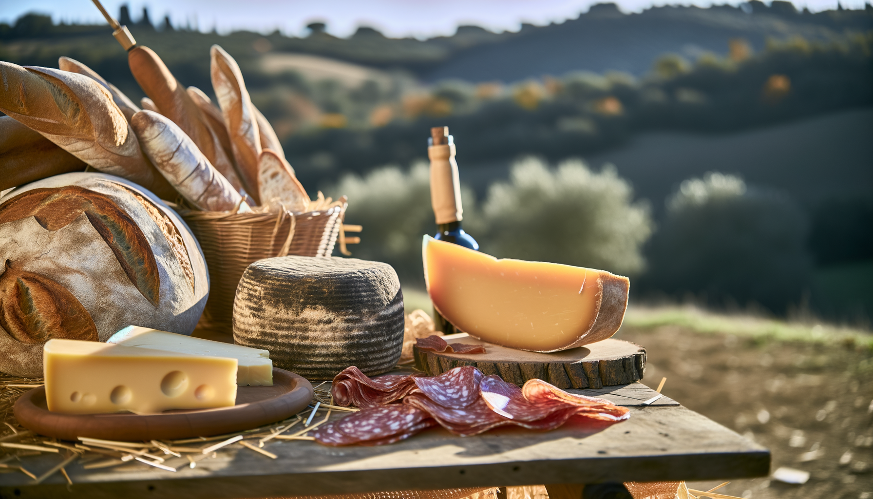 Tavola rustica con formaggi, salumi, pane e bottiglia di vino immersa nel paesaggio collinare italiano al tramonto