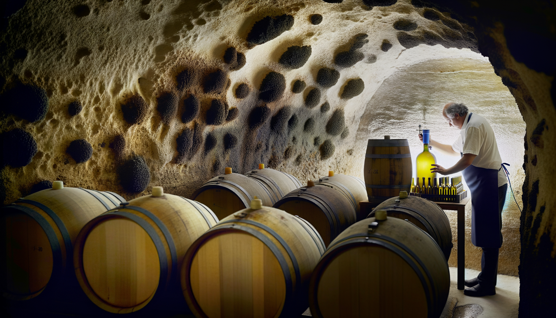 Enologo in cantina sotterranea mentre analizza vino in grandi bottiglie vicino a barili di legno