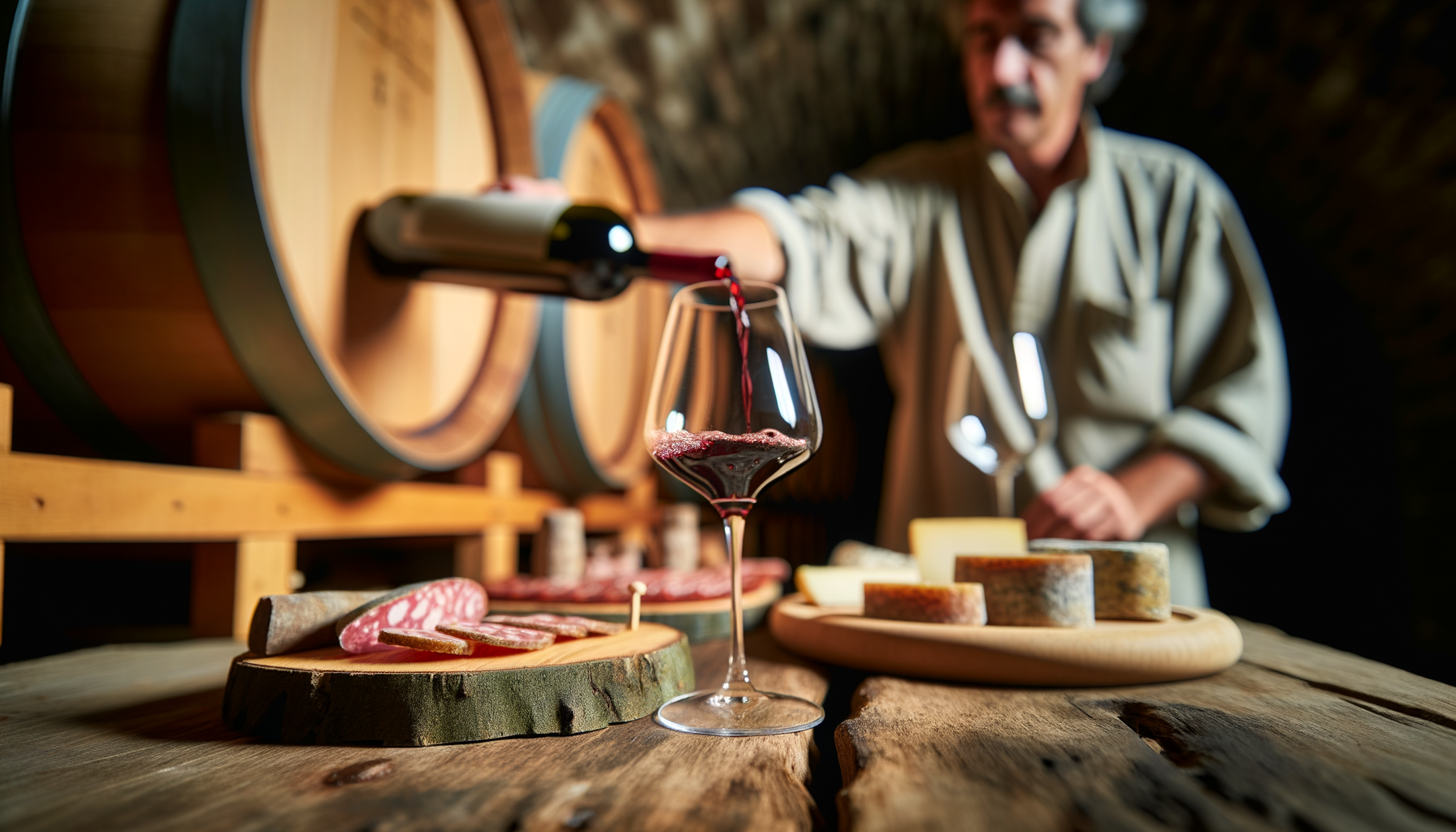 Bicchiere di vino rosso versato vicino a salumi e formaggi in cantina con botti di legno sullo sfondo, itinerari enogastronomici Molise