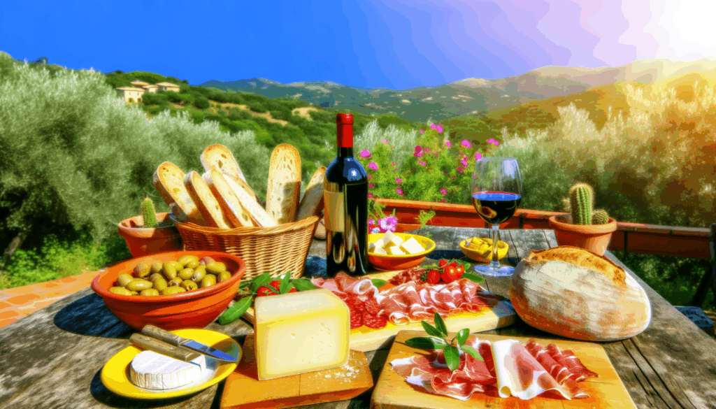Tavola all'aperto con prodotti tipici Sardegna tra cui pane, formaggi, salumi, olive e vino rosso sotto il sole in campagna