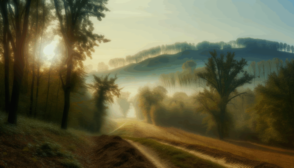 Paesaggio boschivo delle Langhe al mattino con luce soffusa e sentiero tra gli alberi