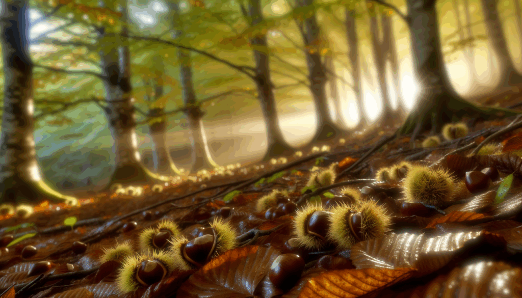 Bosco autunnale con marroni caduti sul terreno coperto di foglie secche e raggi di sole tra gli alberi