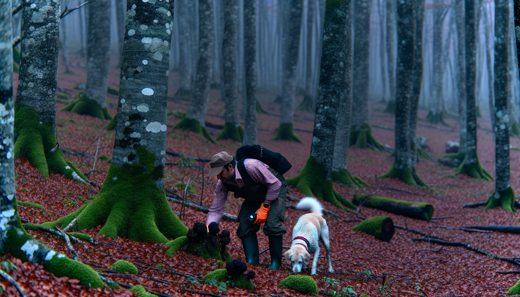 Cercatore di tartufi con cane in un bosco di faggi con muschio verde e foglie autunnali rosse