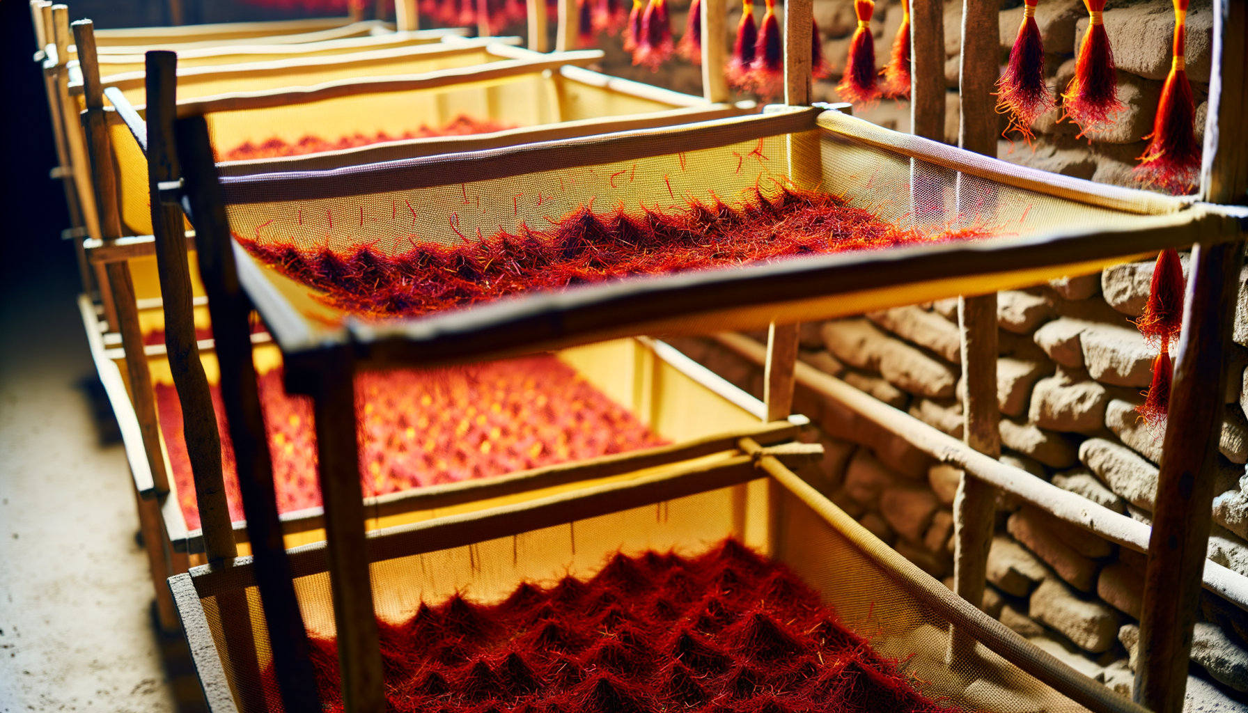Zafferano di Navelli disposto su telai in legno per l'essiccazione in ambienti tradizionali