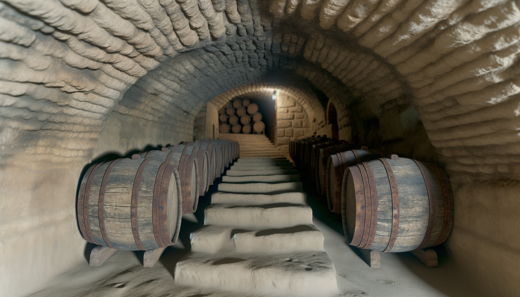 Cantina sotterranea con botti di legno disposte lungo le pareti e scala centrale, tipica della tradizione vinicola toscana