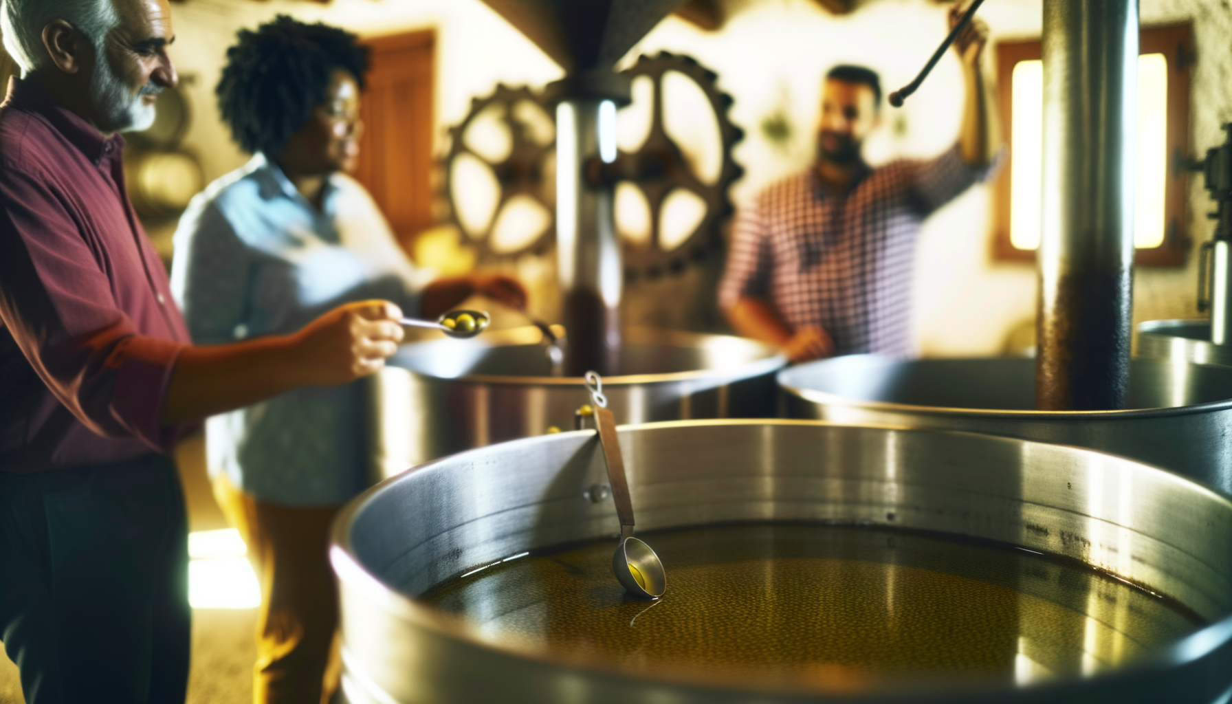Persone che assaggiano olio d'oliva appena prodotto in un frantoio tradizionale in Umbria