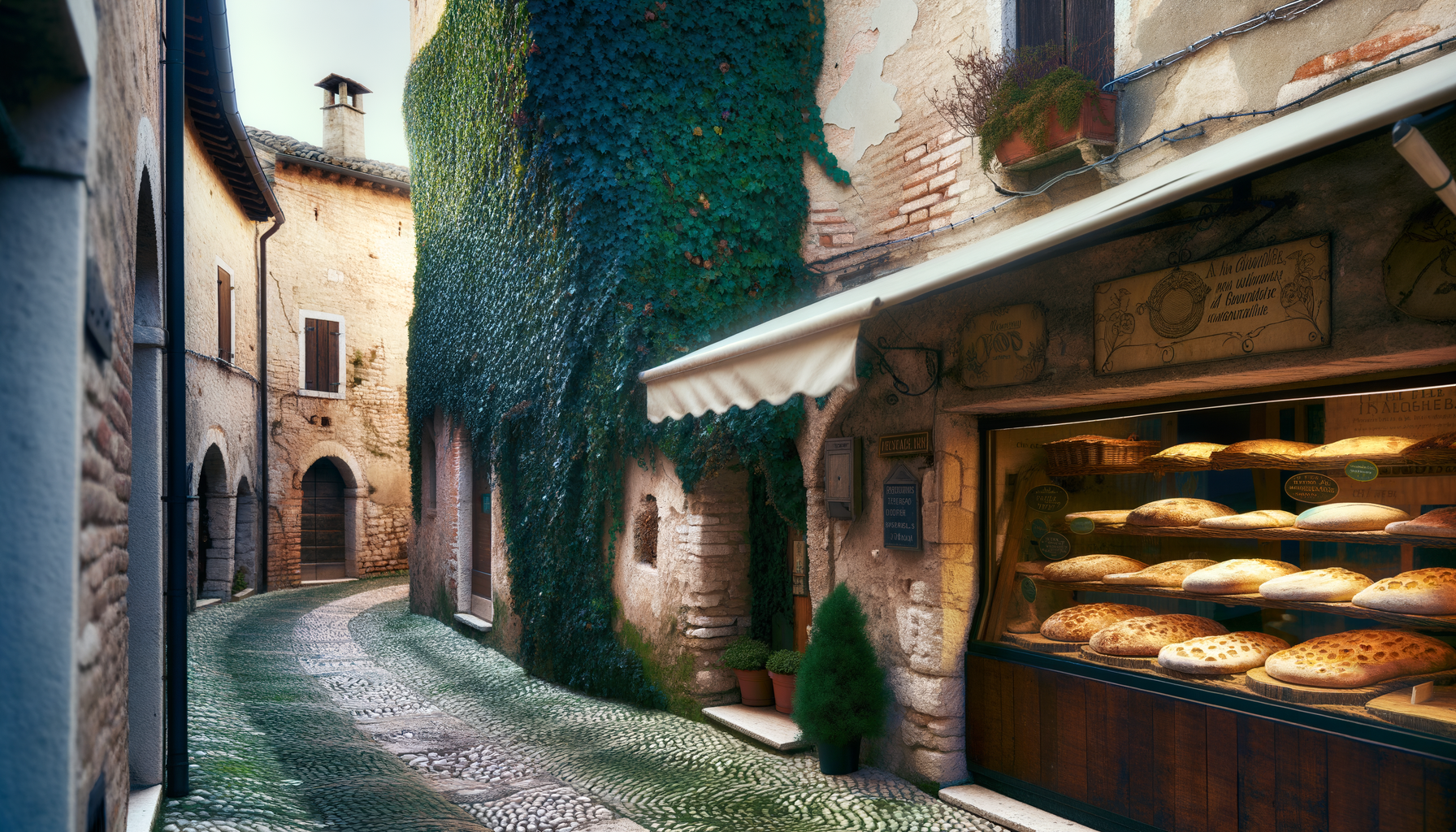 Vicolo acciottolato di un borgo italiano con una vetrina di panificio e muri coperti di edera verde.