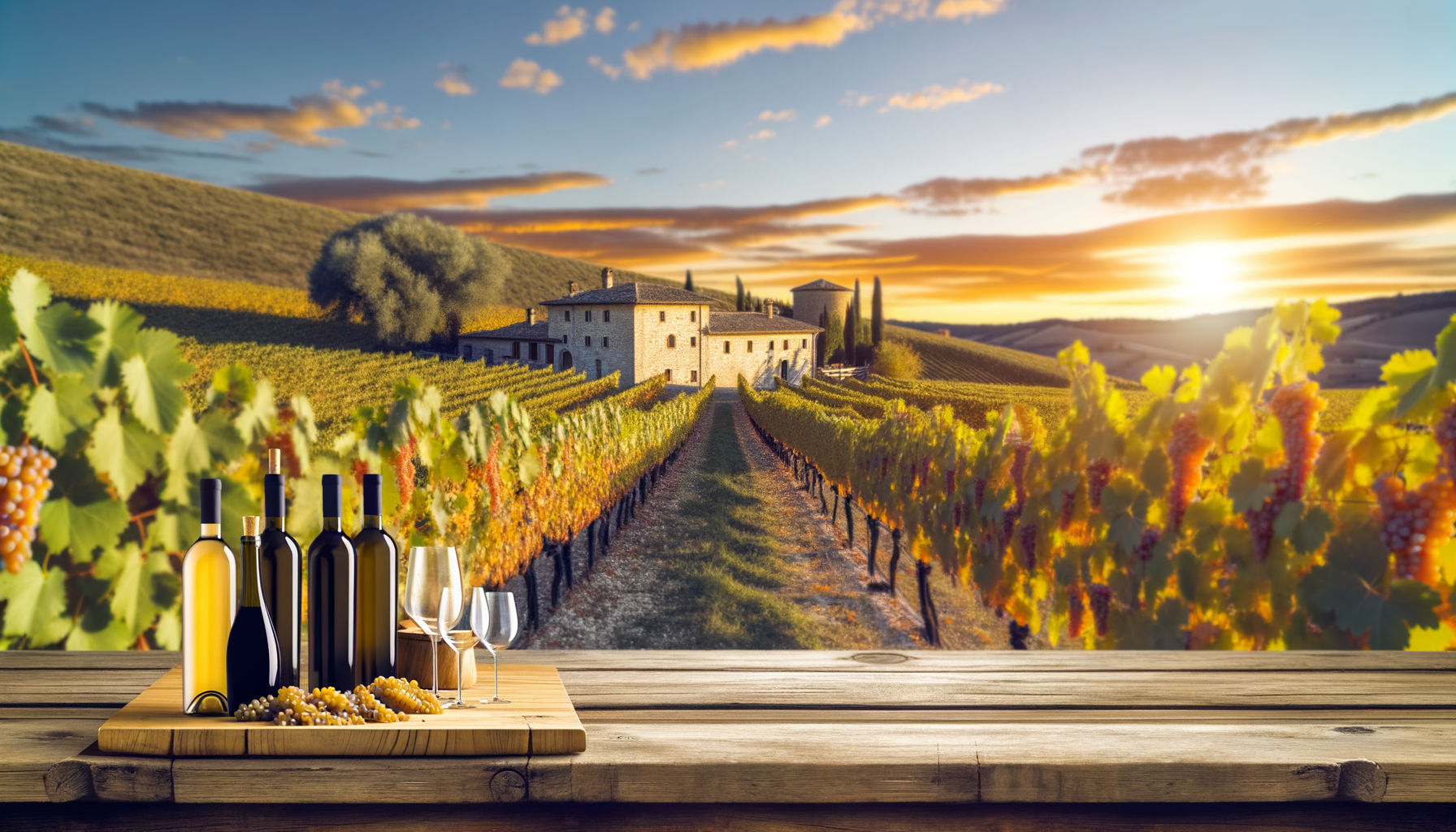 Bottiglie di vino e calici su un tavolo di legno davanti a vigneti al tramonto in Molise per itinerari enogastronomici