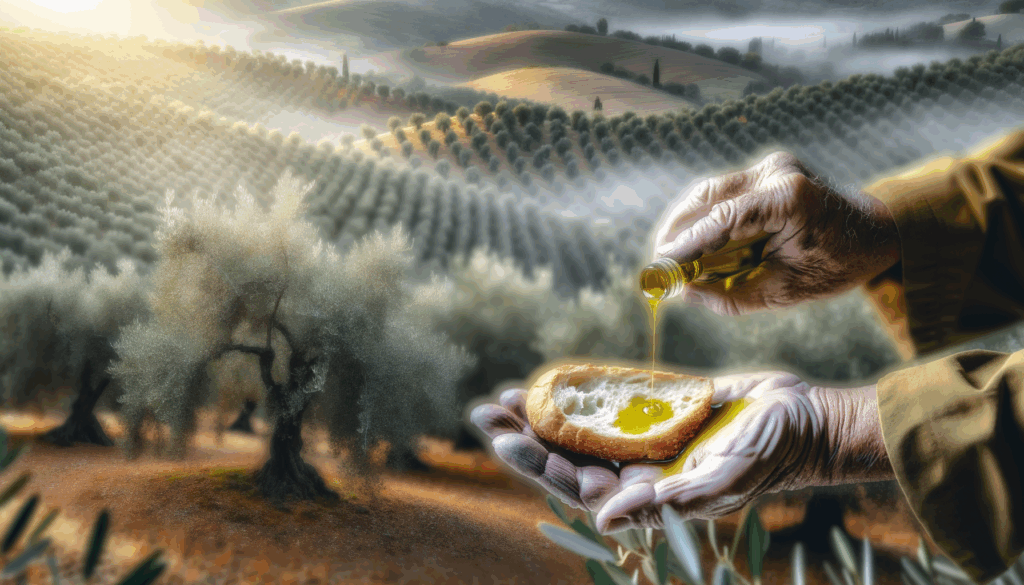 mani anziane versano olio extravergine su fetta di pane con uliveti e colline umbre sullo sfondo