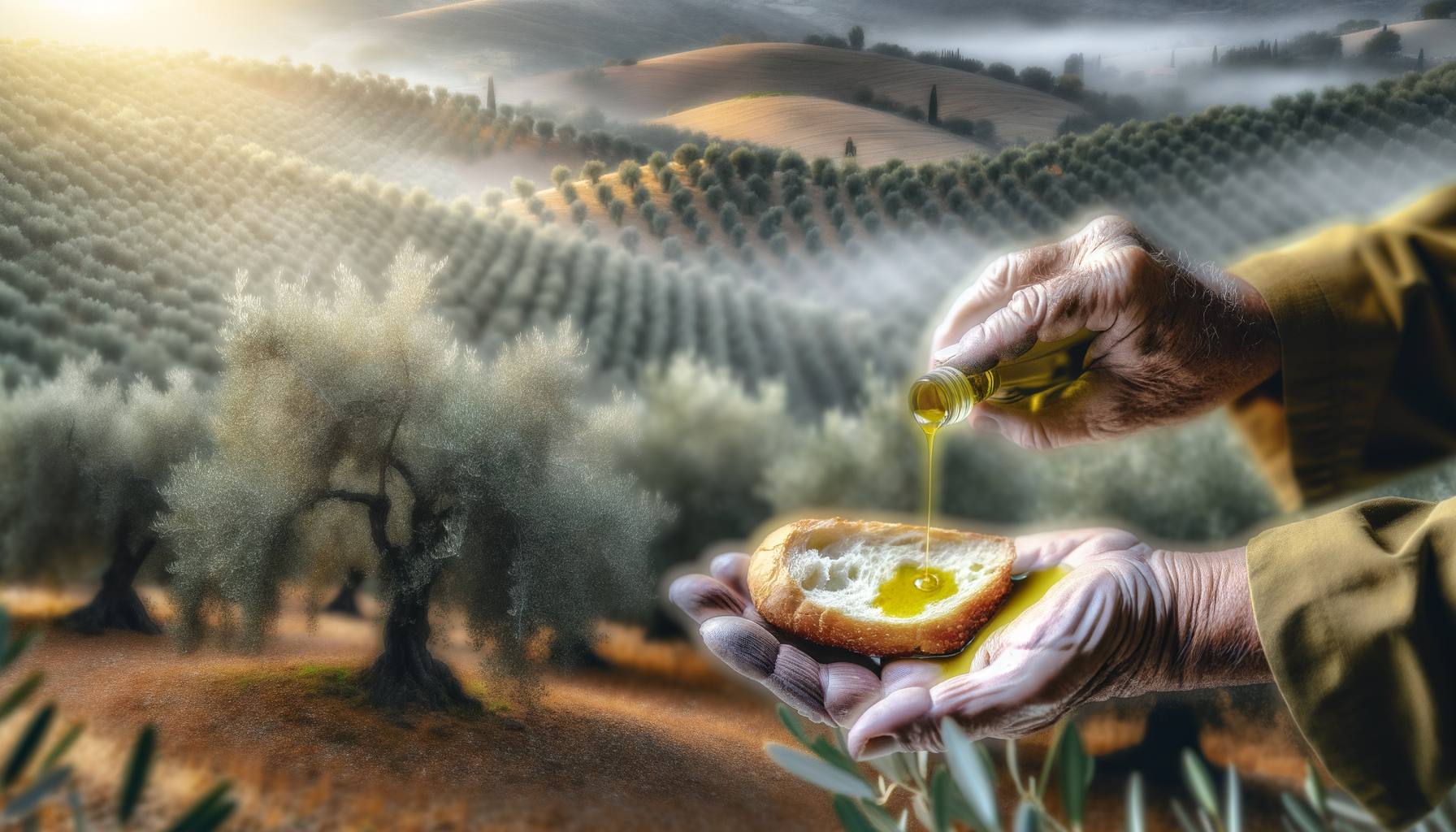 mani anziane versano olio extravergine su fetta di pane con uliveti e colline umbre sullo sfondo