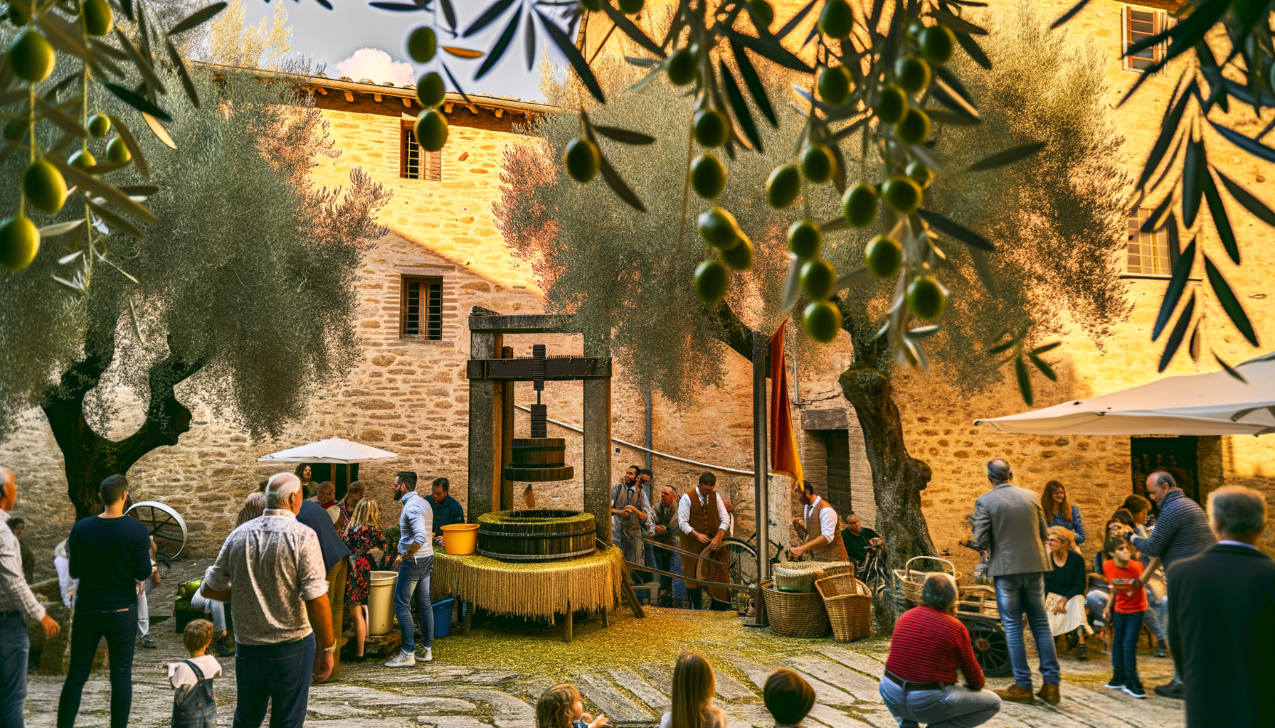 Degustazione di olio d'oliva tra gli ulivi e i frantoi tradizionali umbri con persone riunite in un cortile soleggiato
