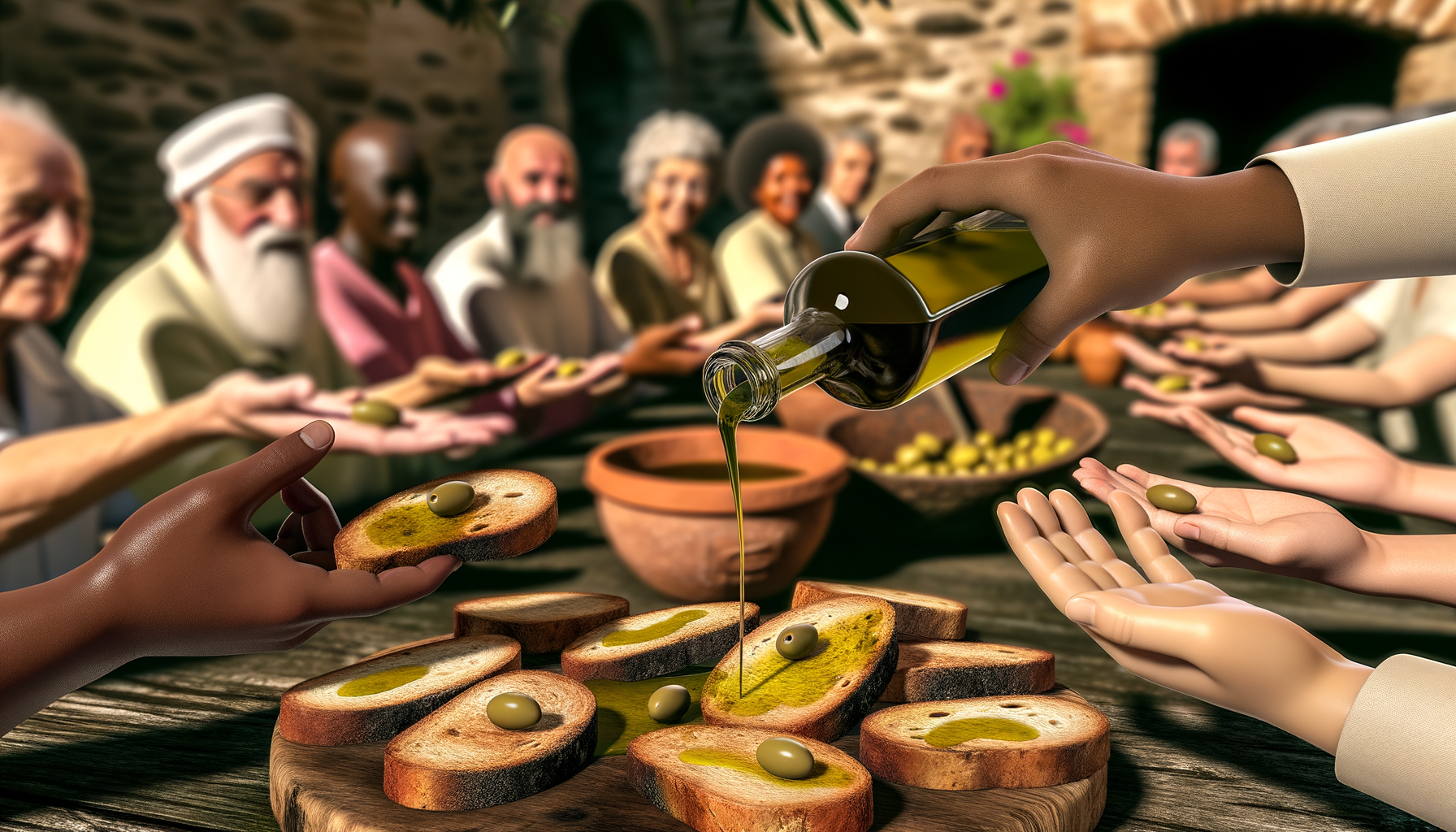 Persone di diverse età mentre ricevono olio d'oliva versato su fette di pane durante un evento conviviale in Umbria