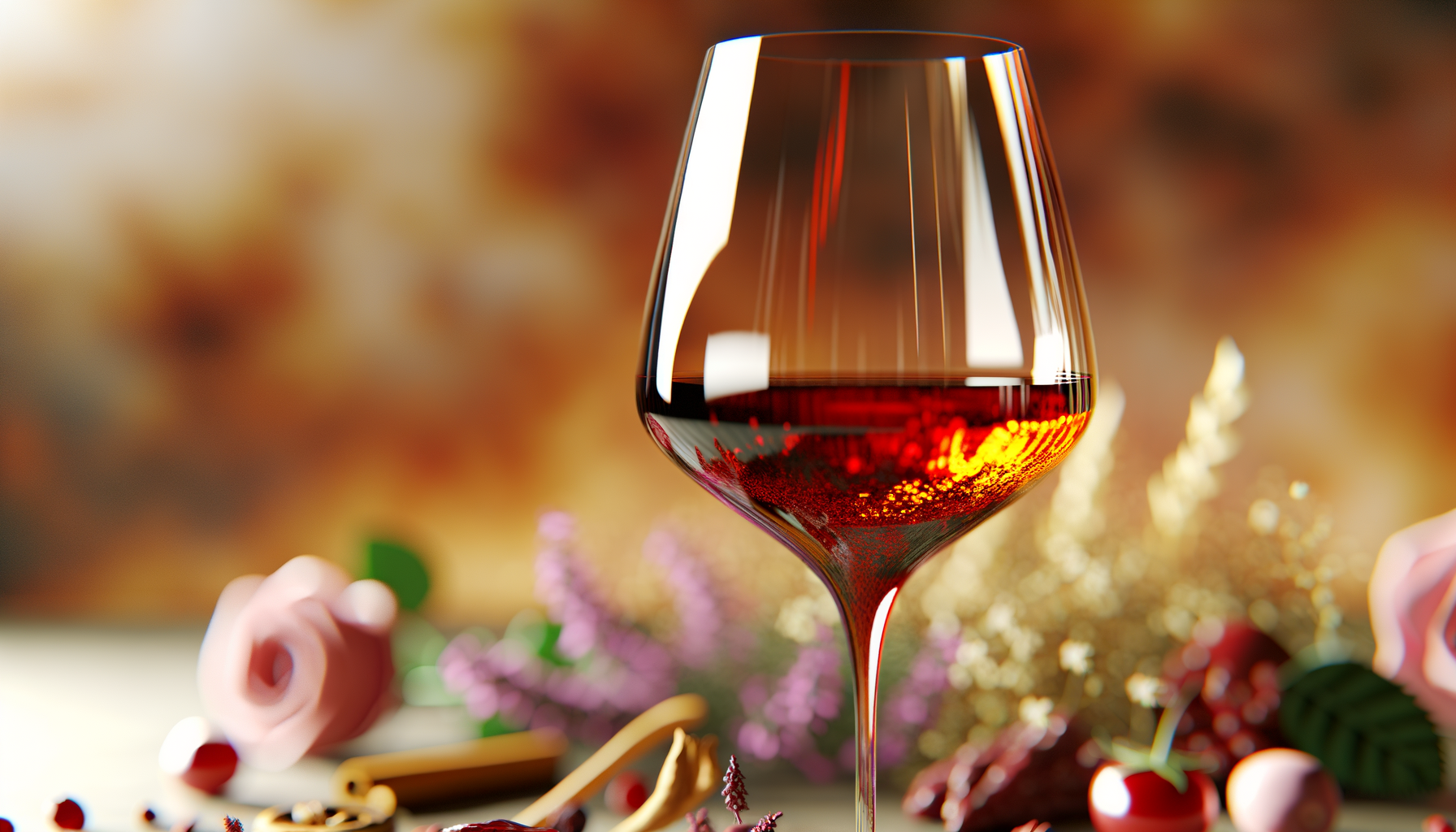 Primo piano di un calice con vino rosso intenso e riflessi caldi, circondato da fiori e spezie sfocati sullo sfondo