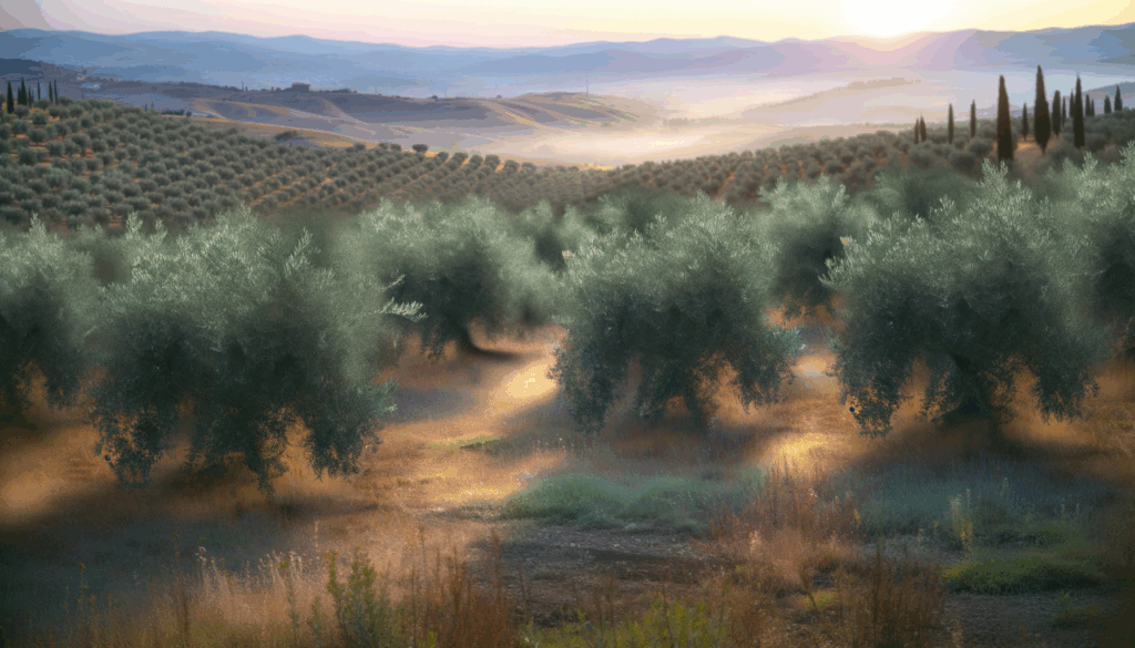 Paesaggio umbro con uliveti rigogliosi al tramonto tra colline e cipressi