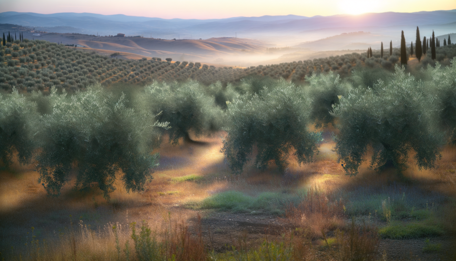 Paesaggio umbro con uliveti rigogliosi al tramonto tra colline e cipressi