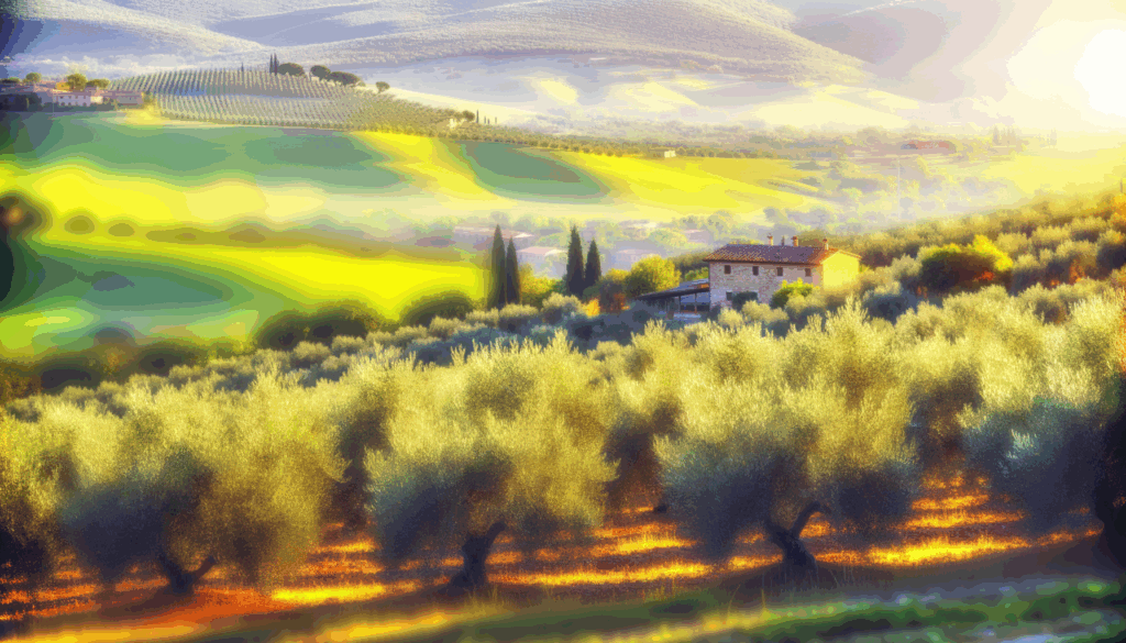 Paesaggio umbro con oliveti illuminati dal sole e casale rustico tra le colline