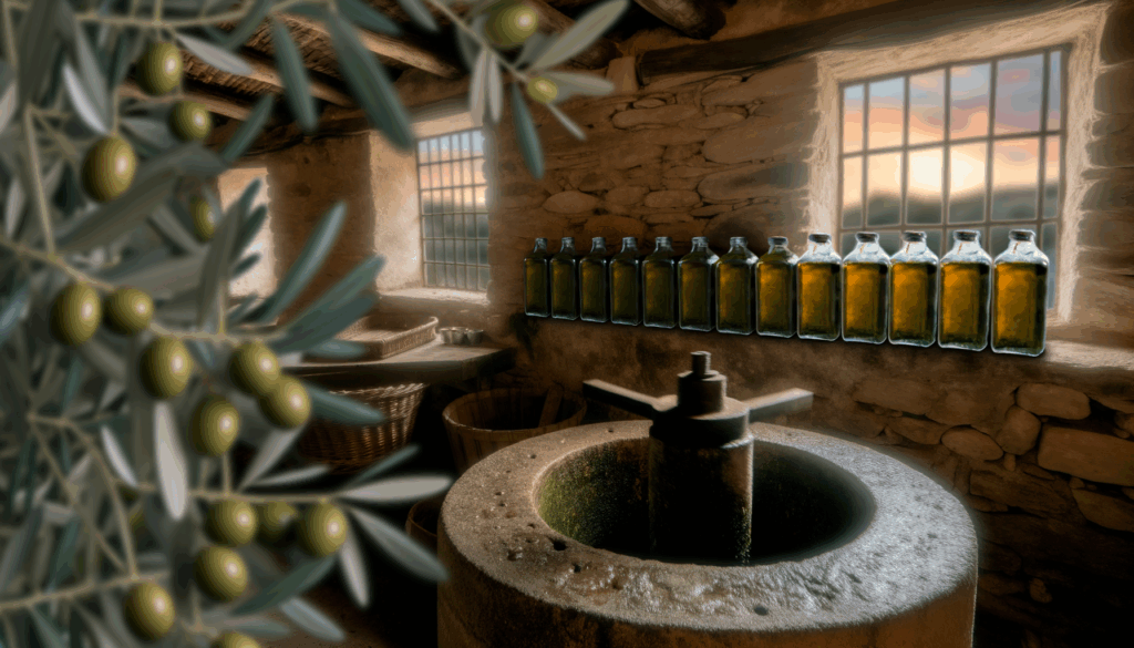 Interno di un frantoio tradizionale umbro con bottiglie di olio d'oliva e ramo di ulivo in primo piano