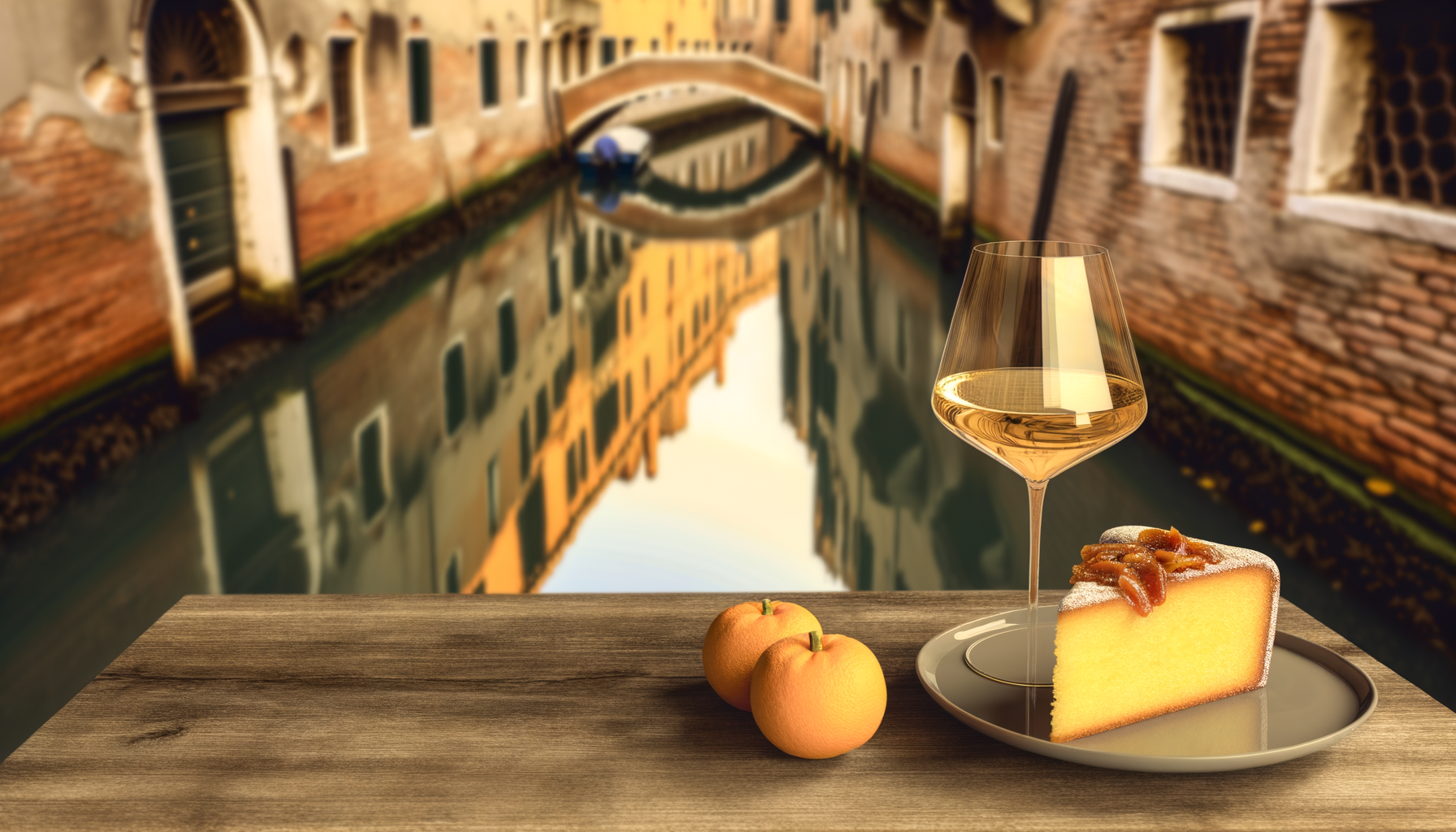 Fetta di dolce di San Martino con arance e bicchiere di vino bianco su tavolo di legno con canale veneziano sullo sfondo