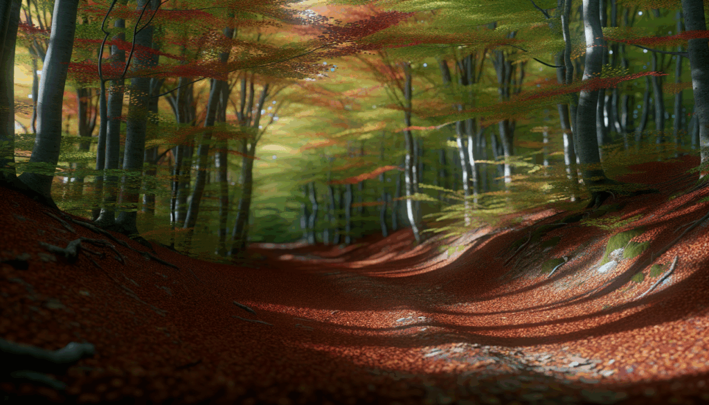 Sentiero autunnale sul Monte Amiata con foglie rosse e gialle che ricoprono il terreno e alberi in sfumature di verde e arancione