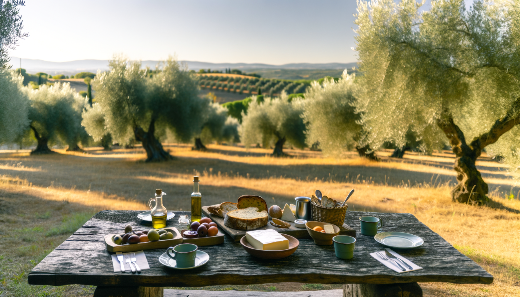 Tavola rustica apparecchiata con pane, formaggi, frutta e olio d'oliva in un uliveto umbro al tramonto