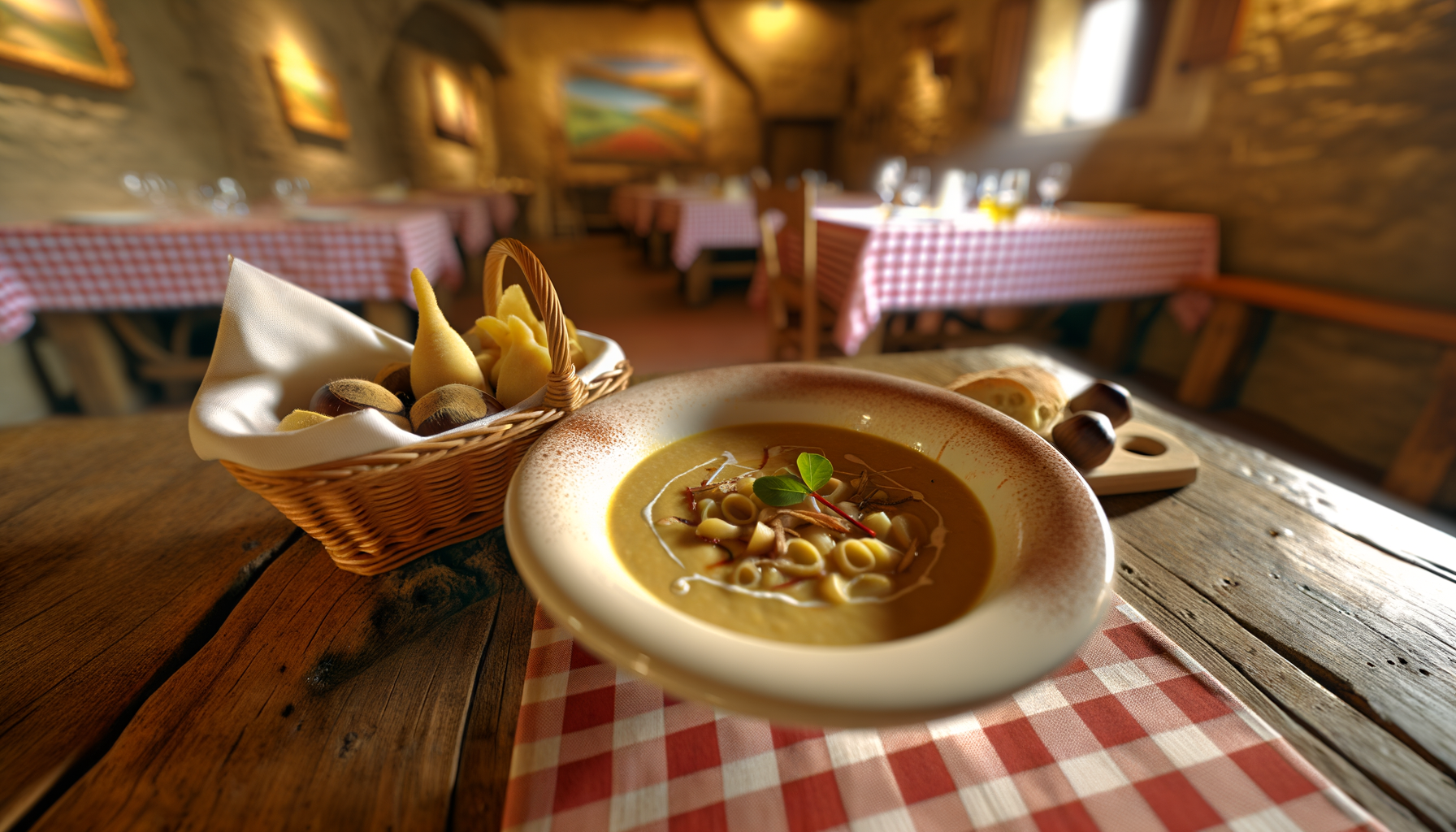 Zuppa calda con pasta e guarnizioni su tavolo in legno rustico in un ristorante tipico con tovaglie a quadri rossi e bianche