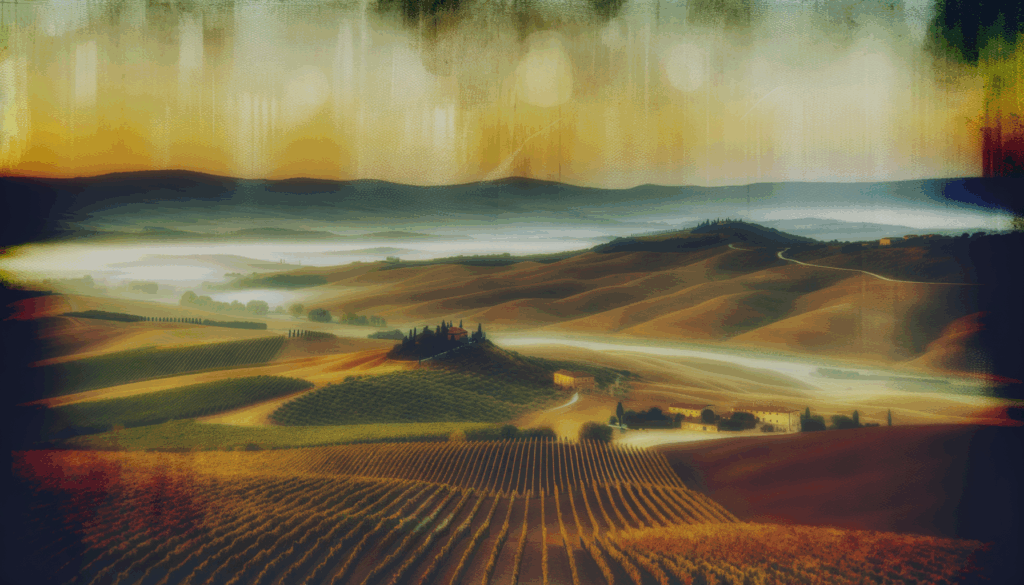 Paesaggio delle colline del Barolo con vigneti e nebbia al tramonto, simbolo della produzione vinicola piemontese