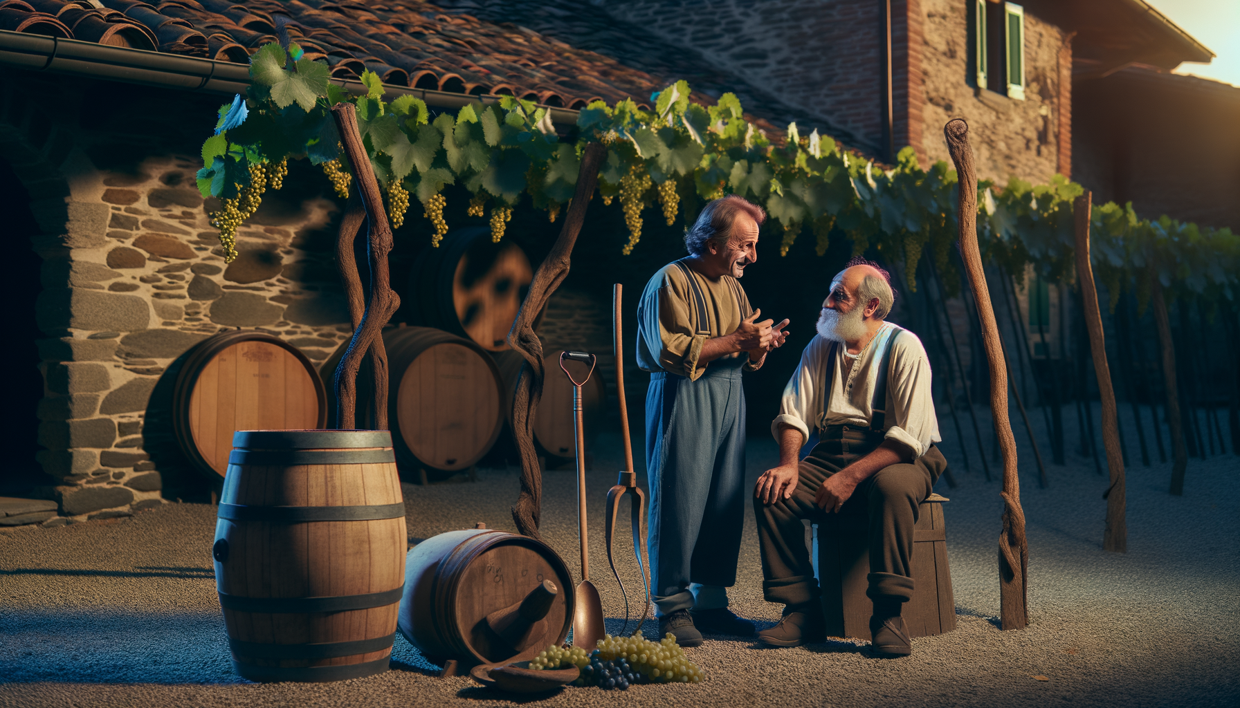 Due anziani viticoltori discutono tra le vigne di Barolo con grappoli d'uva e botti di legno in un ambiente rurale al tramonto