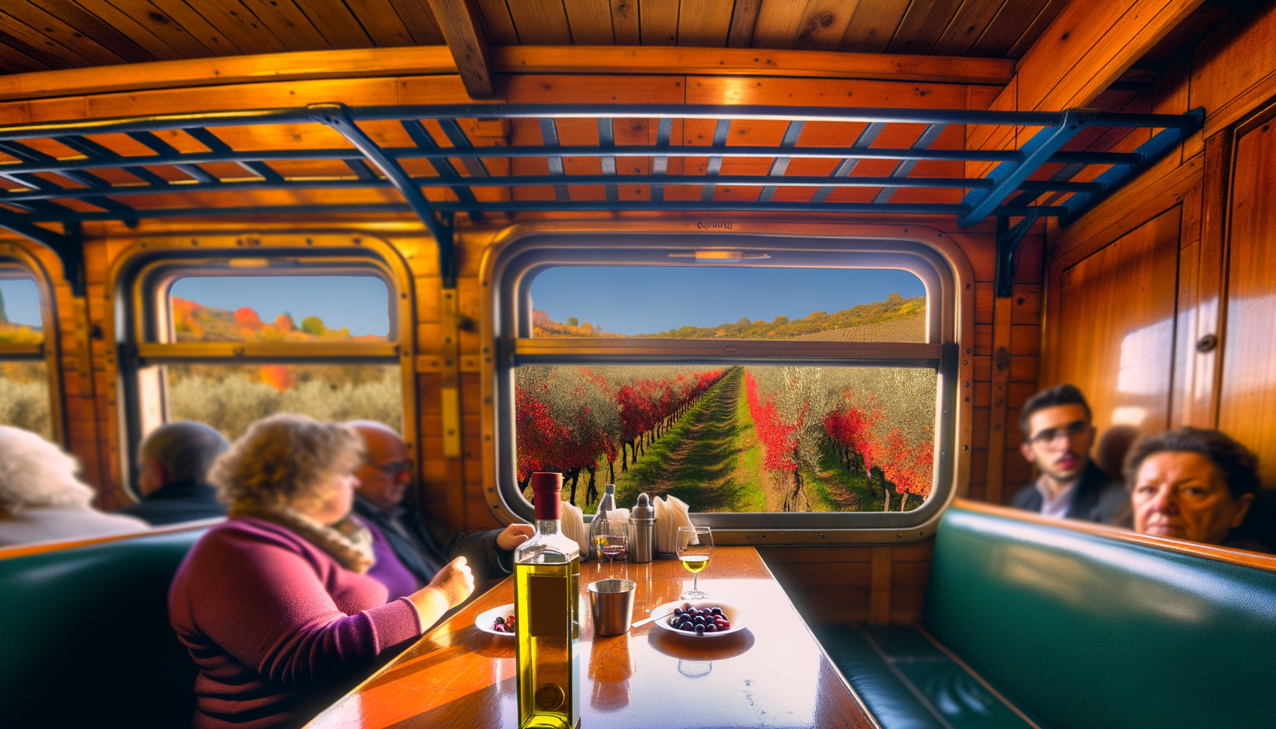 Interno di un treno storico con passeggeri che gustano olio d'oliva e frutta, vista su uliveti umbri autunnali