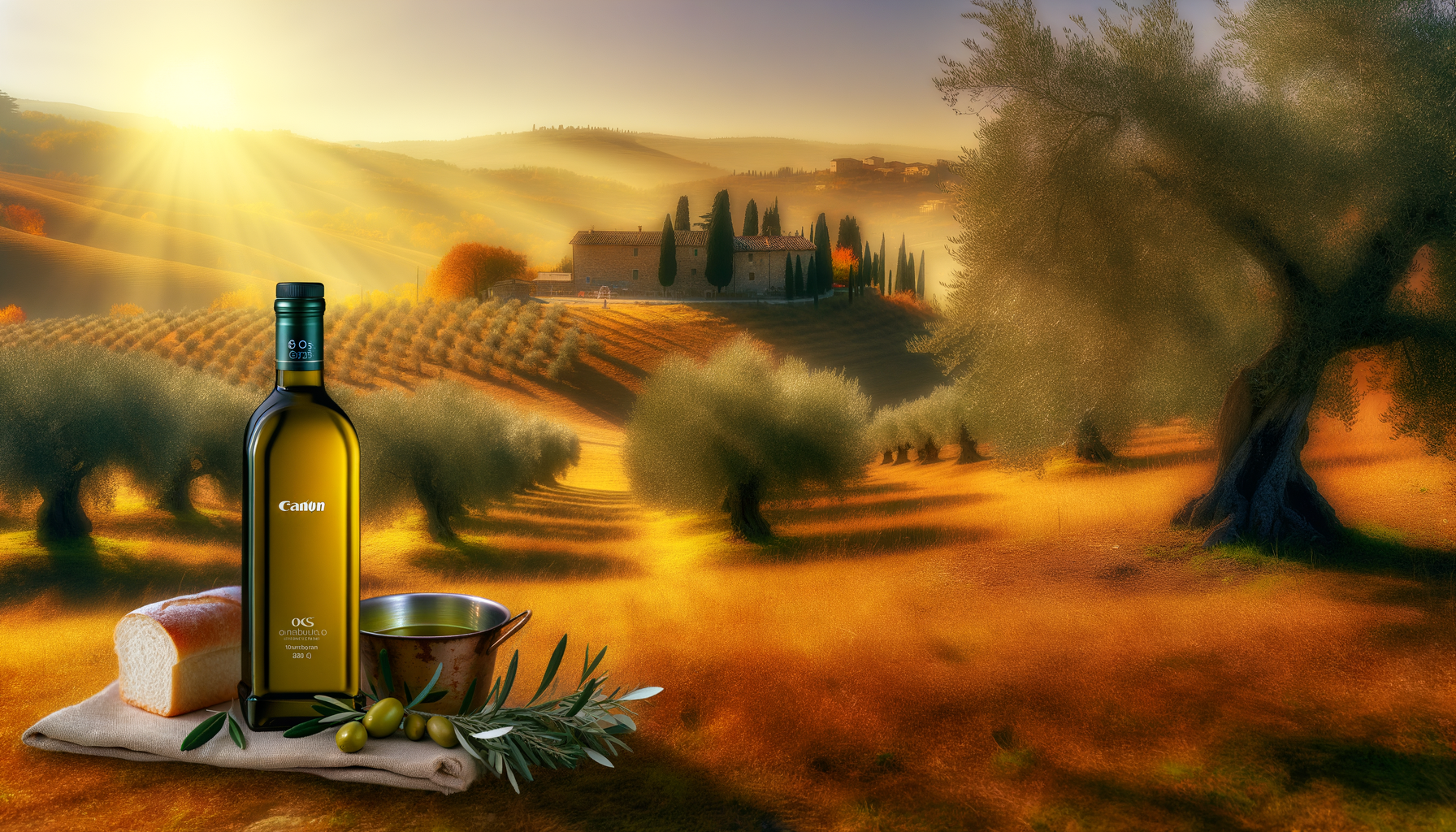 Bottiglia di olio extravergine d'oliva con ulivi e colline umbre al tramonto in lontananza