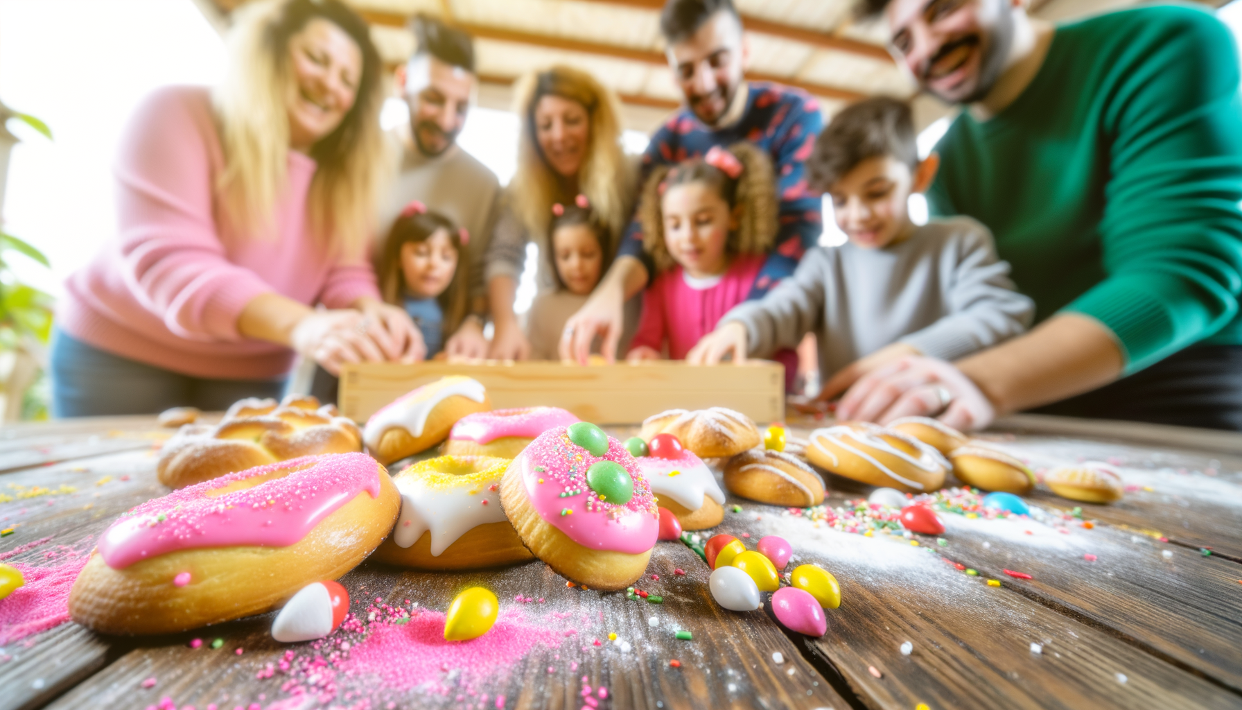 Dolci tradizionali colorati di San Martino su tavolo di legno con famiglia felice sullo sfondo a Venezia