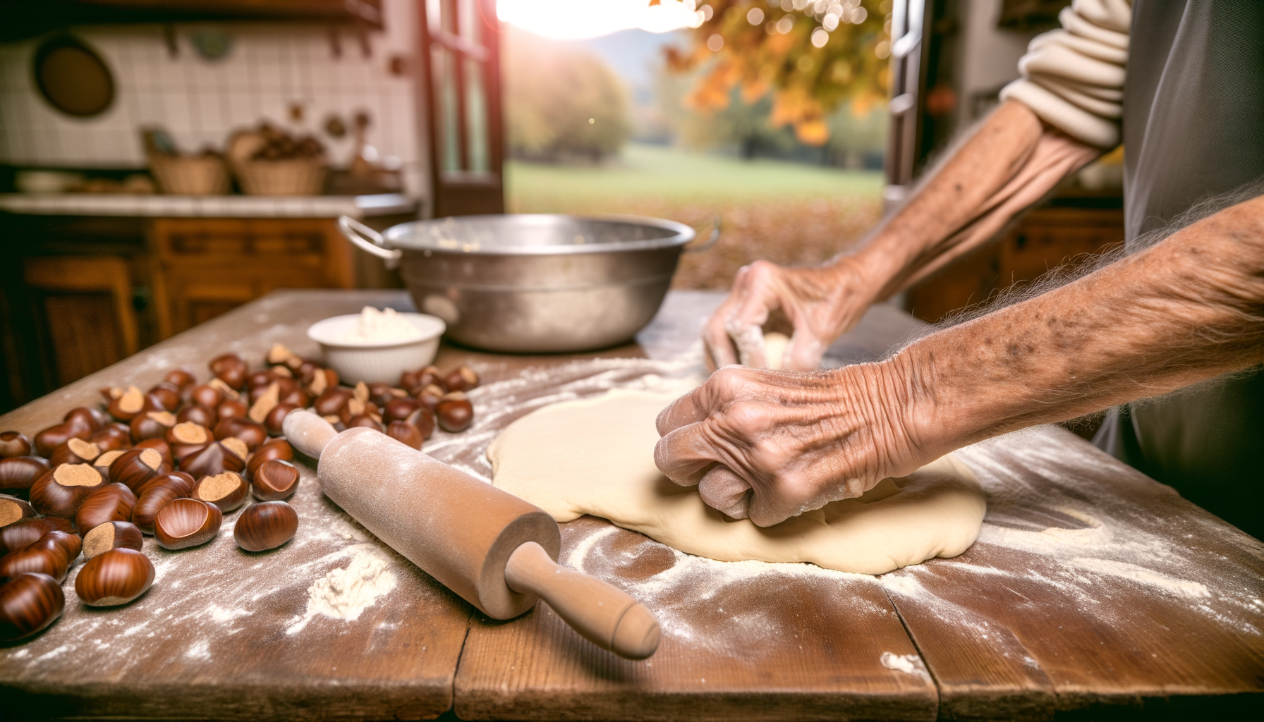 Mani di anziano che impastano su tavolo di legno con castagne e farina, cucina rustica e atmosfera autunnale sul Monte Amiata