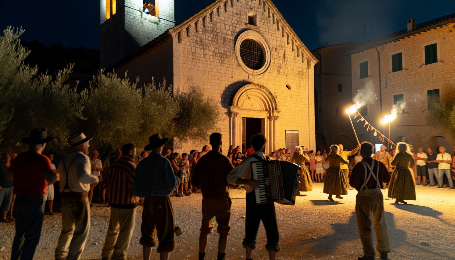 Spettacolo serale con musicisti e ballerini in costume tradizionale davanti a una chiesa storica in Umbria durante Frantoi Aperti